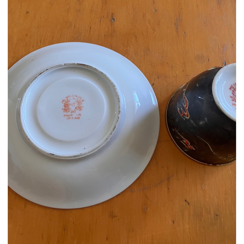 Meiko China Tea Cup Saucer Set Black Moriage Dragonware Japan - Picture 4 of 7